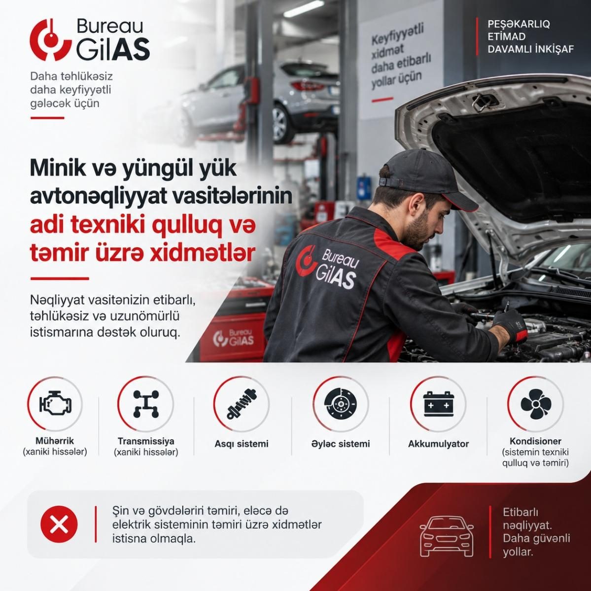 Minik və yüngül yük avtonəqliyyat vasitələrinin elektrik sisteminin, şin və gövdələrin təmiri üzrə xidmətlər istisna olmaqla, adi texniki qulluq və təmir üzrə xidmətlər